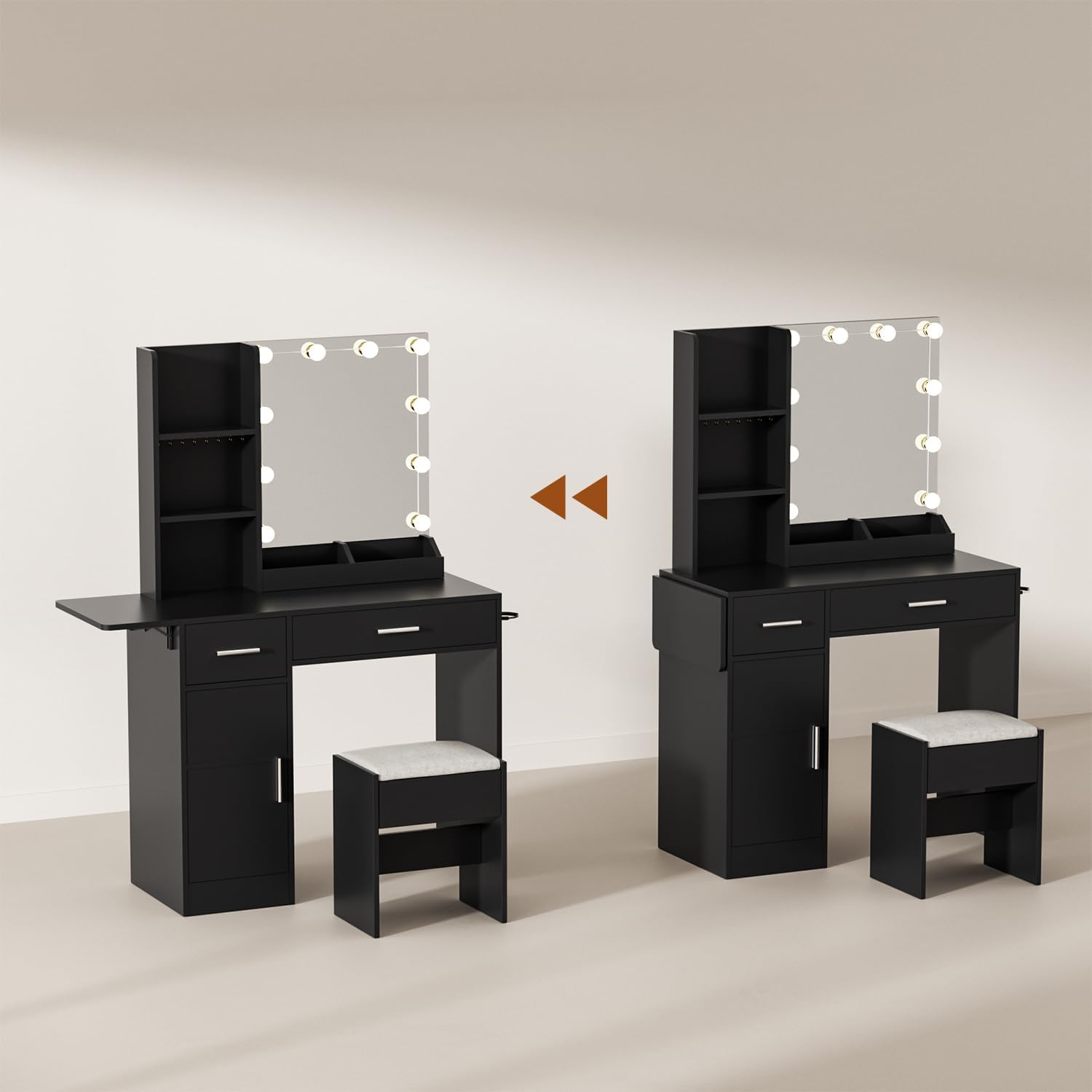 ERLEJIA Vanity Desk with Mirror and Lights, 43.3' Makeup Desk with Stool and Power Outlet, 5 Drawers and Open Shelves Make Up Table for Bedroom, Black