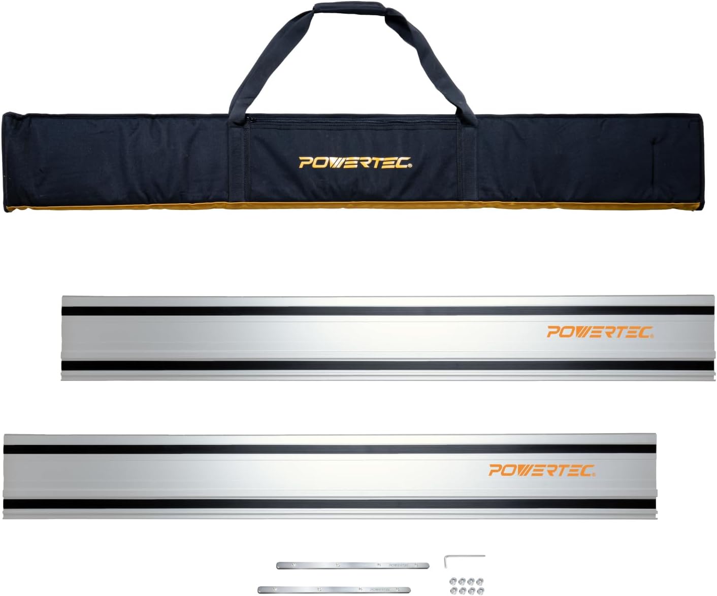 POWERTEC 110' Track Saw Guide Rail Connector Set w/Protective Bag for Milwaukee Track Saw | Includes 2x55' Aluminum Extruded Guide Rails and (2) Guide Rail Connectors for Woodworking Projects