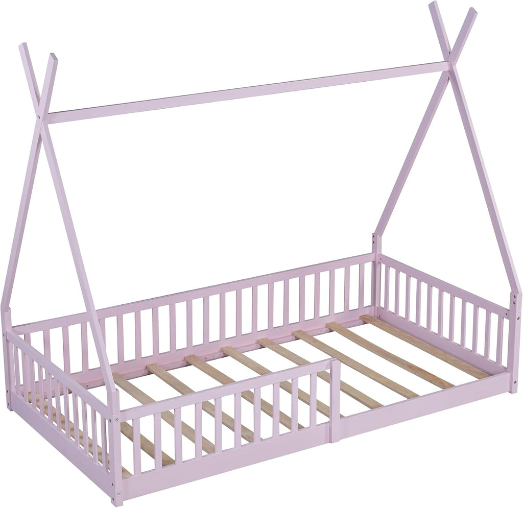 JIVOIT Twin Size Wood House Bed with Fence, House Platform Bed with Roof, Twin Montessori Bed Frame, Wood Slats Support, No Box Spring Needed (Pink/74)