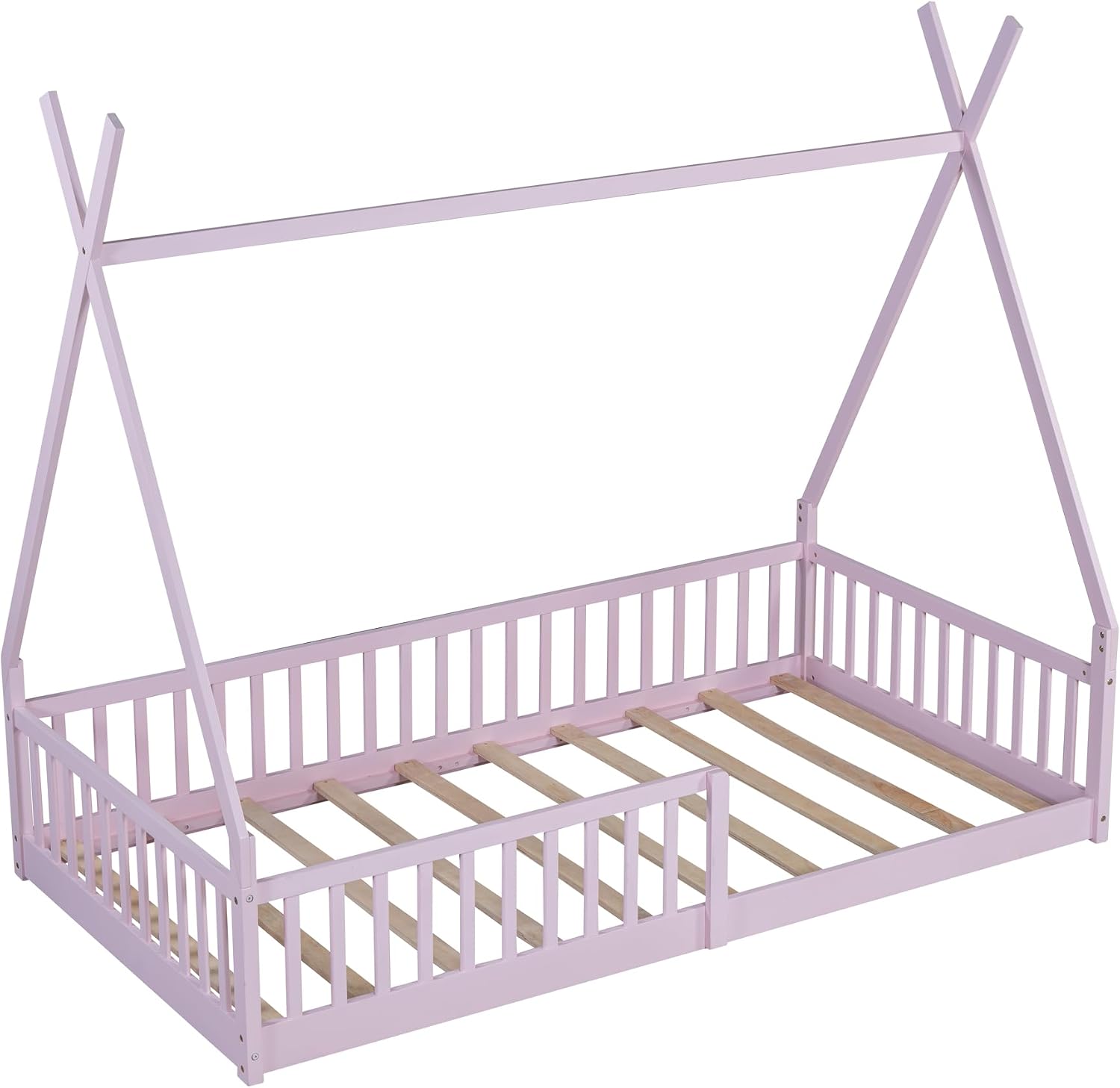 JIVOIT Twin Size Wood House Bed with Fence, House Platform Bed with Roof, Twin Montessori Bed Frame, Wood Slats Support, No Box Spring Needed (Pink/74)