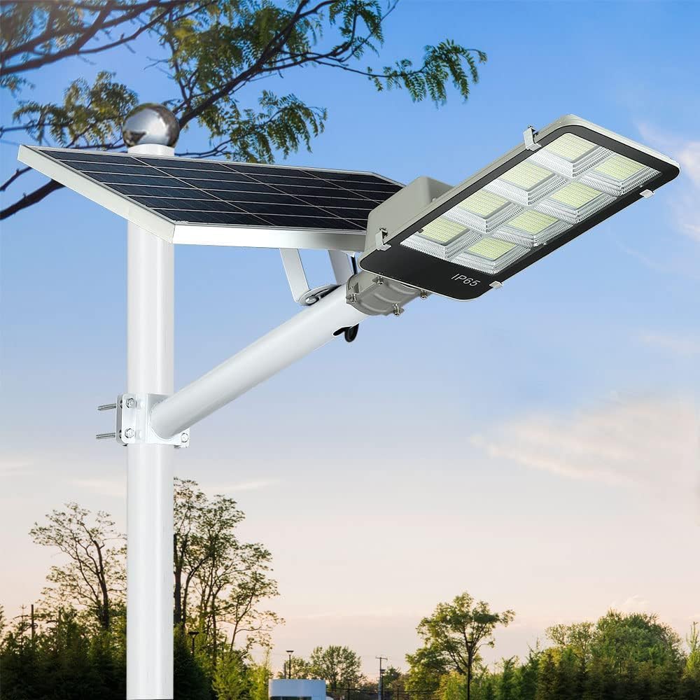 8000W LED Solar Street Lights Outdoor, Dusk to Dawn Security Flood Light with Remote Control & Pole, Wireless, Waterproof, Perfect for Yard, Parking lot, Street, Garden and Garage