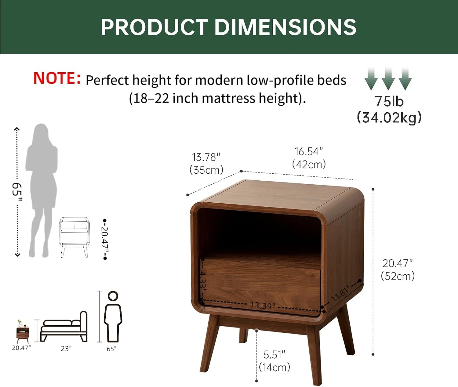 100% Solid Wood Nightstand, Walnut Night Stand with Drawer and Open Shelf, Mid Century Nightstand, Wooden Nightstands, Small Nightstands for Small Spaces Bedroom(Dark Black Walnut, 20.47' H)
