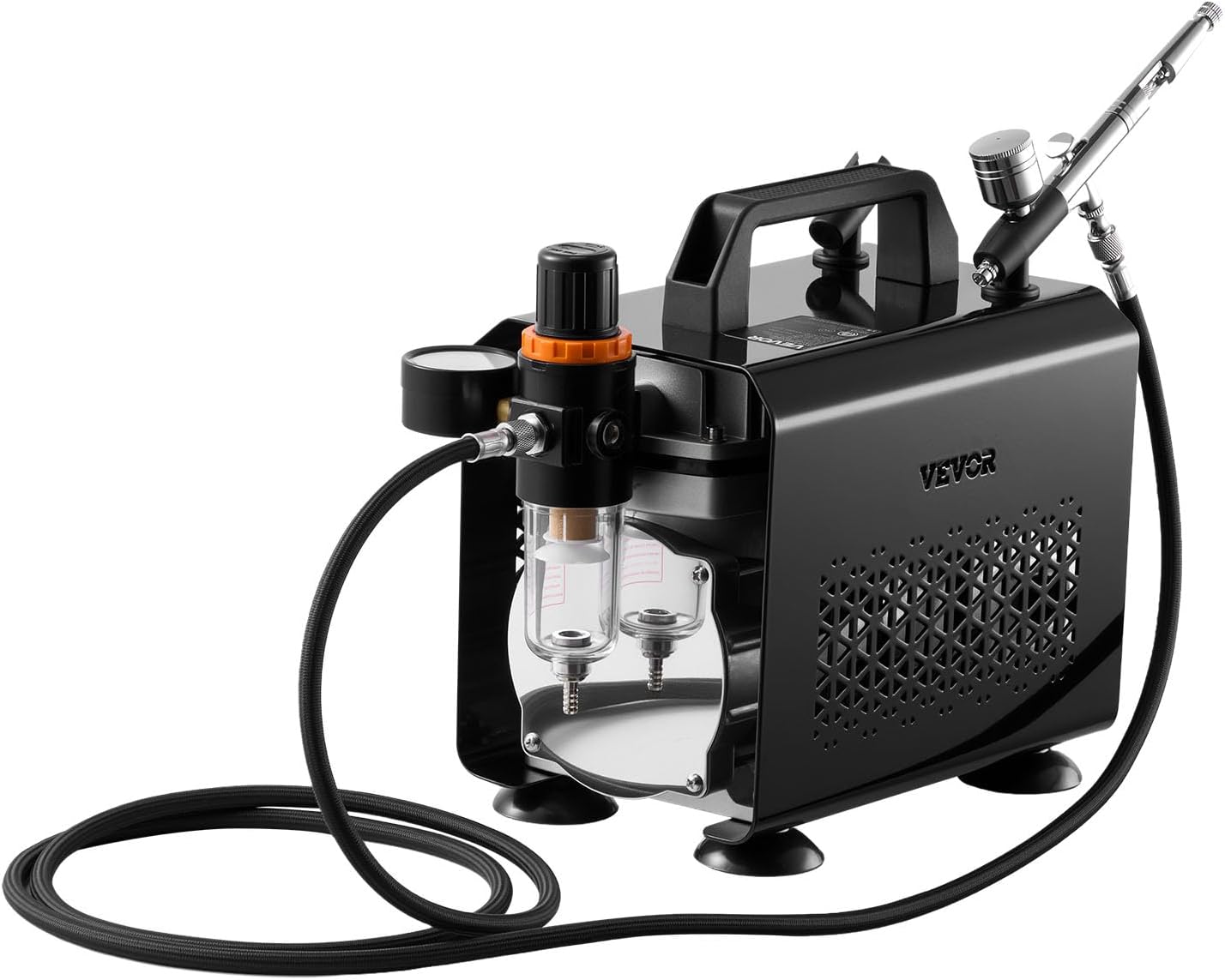VEVOR Airbrush Kit, 1/6 HP, Air Brush Kit with Air Compressor, 1 Dual-Action Professional Airbrush with 3 Tips, Hose, Acrylic Paint, Brush, Low Noise, for Cake Decorating, Model Painting, Nail Art