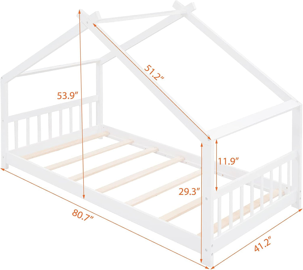 JIVOIT Twin Size Wood House Bed, Solid Wood Tent Bed Canopy Bed Frame with Roof Design, Twin Floor Bed with Wood Slats Support, No Box Spring Needed(White-Twin-Pinewood)