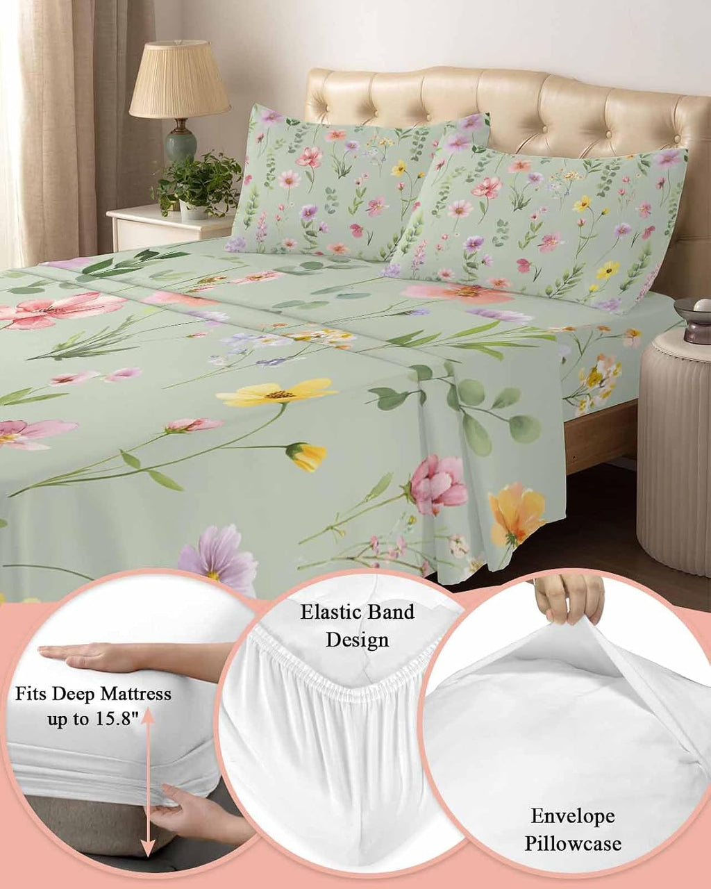 Pink Spring Floral Cal King Sheet Set 4 Piece Bedding - Farmhouse Flowers Sage Green Leaves Breathable Comfy Cooling Bed Sheets & Pillowcase Sets, Hotel Luxury Flat Sheets Deep Pockets Fitted Sheet