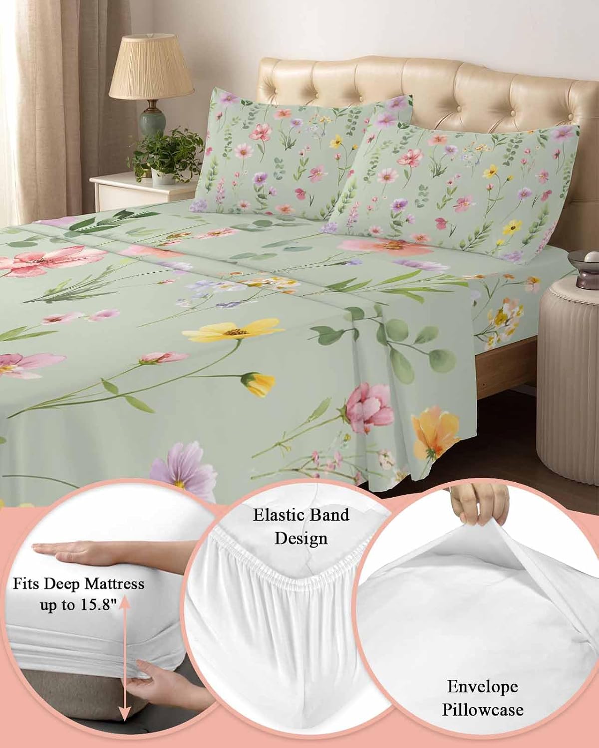 Pink Spring Floral Cal King Sheet Set 4 Piece Bedding - Farmhouse Flowers Sage Green Leaves Breathable Comfy Cooling Bed Sheets & Pillowcase Sets, Hotel Luxury Flat Sheets Deep Pockets Fitted Sheet