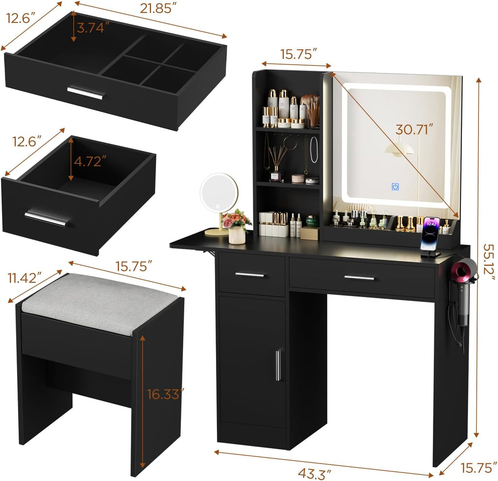 ERLEJIA Vanity Desk with Mirror and Lights & Extral Foldable Desk, 35.43' & 43.3' Makeup Vanity Table with Stool and Plug Outlet, 5 Drawers and Open Shelves Dressing Table for Bedroom,Black
