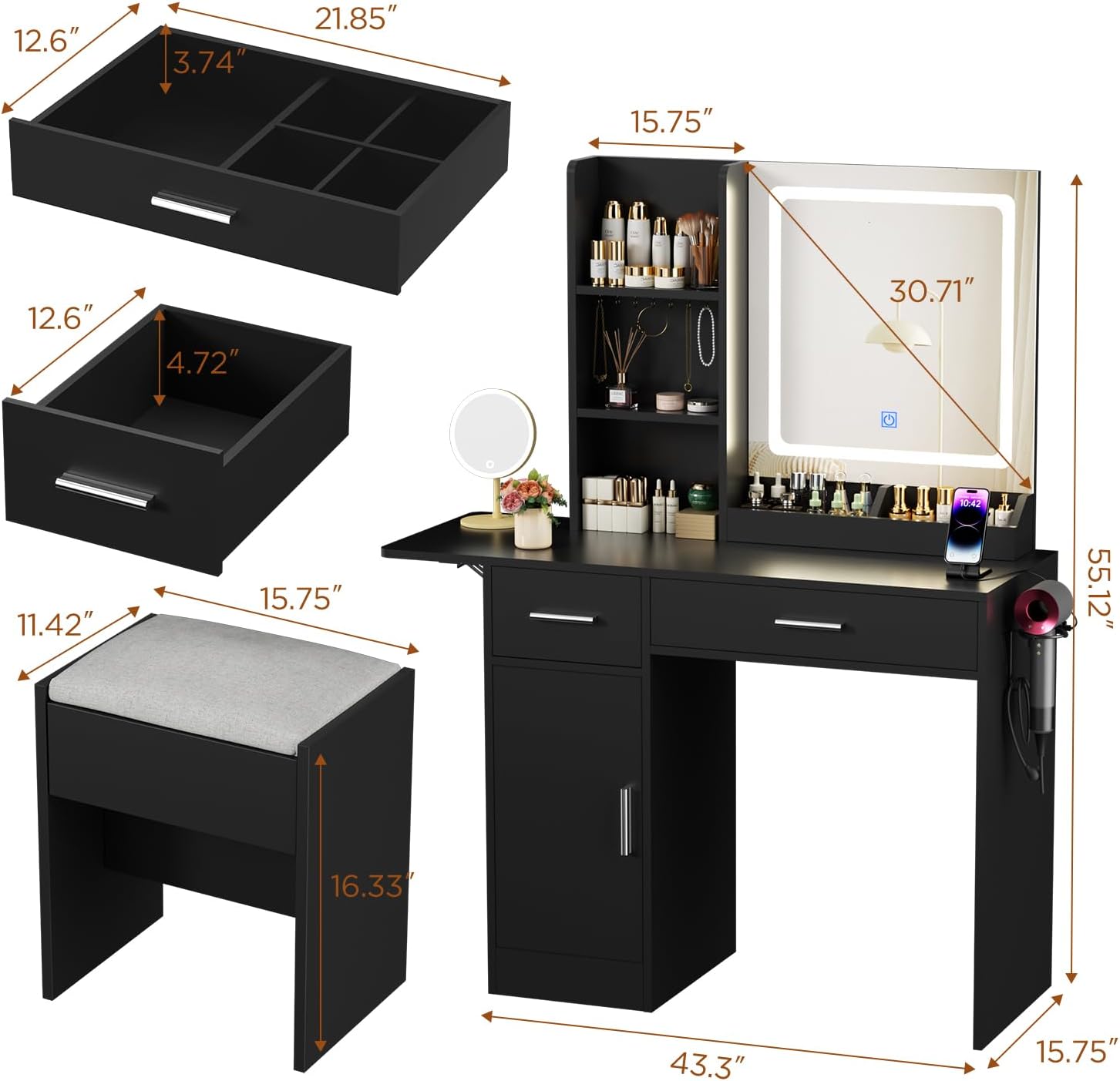 ERLEJIA Vanity Desk with Mirror and Lights & Extral Foldable Desk, 35.43' & 43.3' Makeup Vanity Table with Stool and Plug Outlet, 5 Drawers and Open Shelves Dressing Table for Bedroom,Black