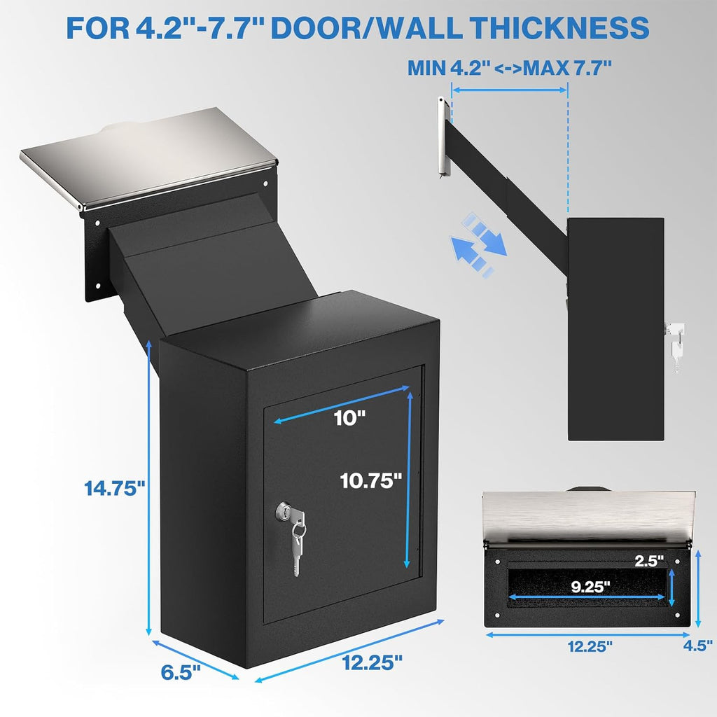 Through-The-Wall Drop Box with Rainproof Cover | Heavy Duty Through Wall Mailbox with 10-Inch Adjustable Chute | Rainproof Locking Drop Safe for Mail, Rent, Checks, Cash, and Keys