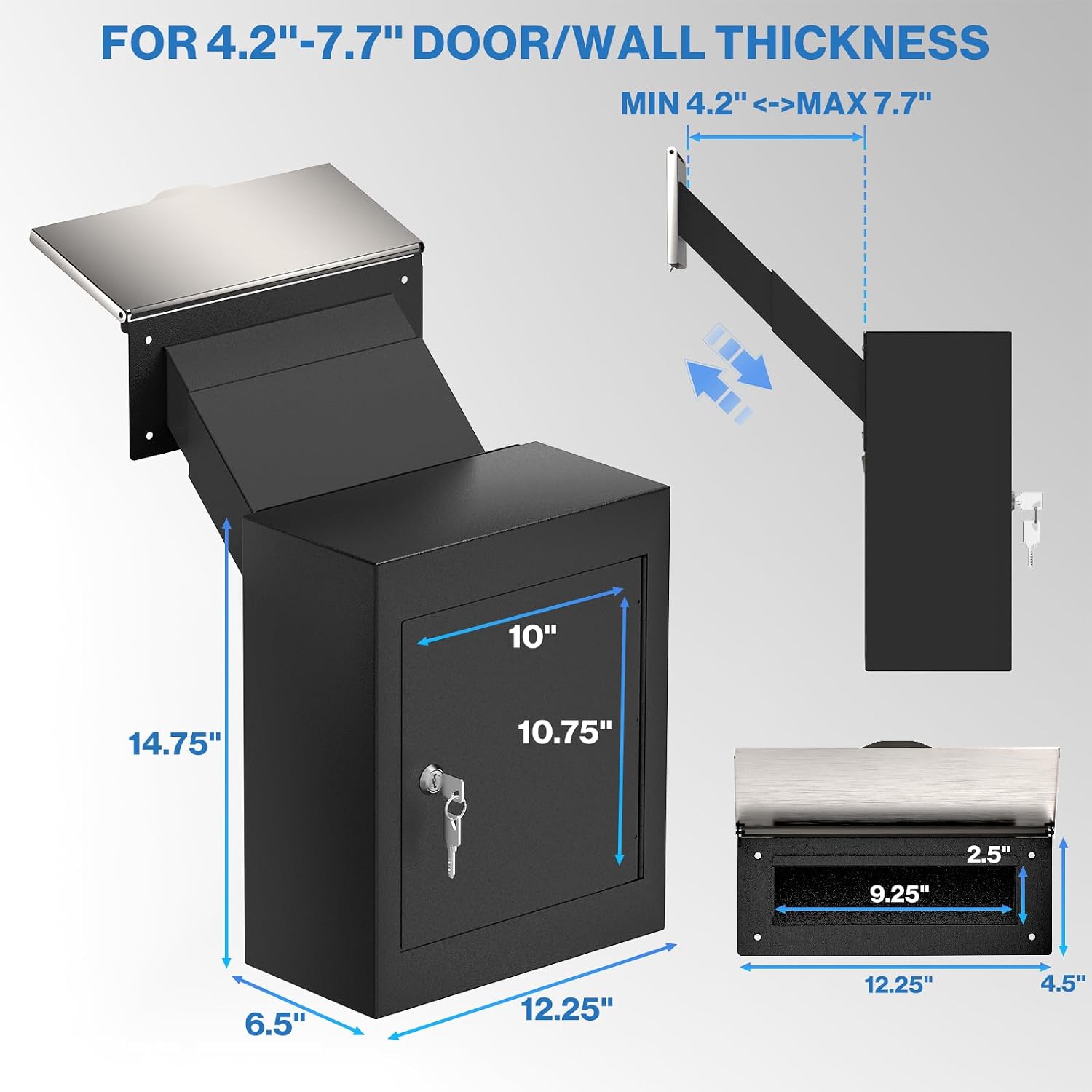 Through-The-Wall Drop Box with Rainproof Cover | Heavy Duty Through Wall Mailbox with 10-Inch Adjustable Chute | Rainproof Locking Drop Safe for Mail, Rent, Checks, Cash, and Keys