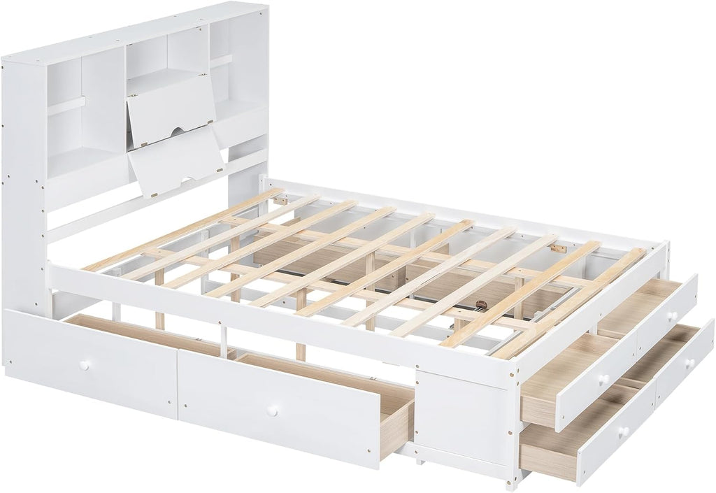 Queen Size Wood Platform Bed with 8 Storage Drawers and Bookcase Headboard for Bedroom (White, Queen)