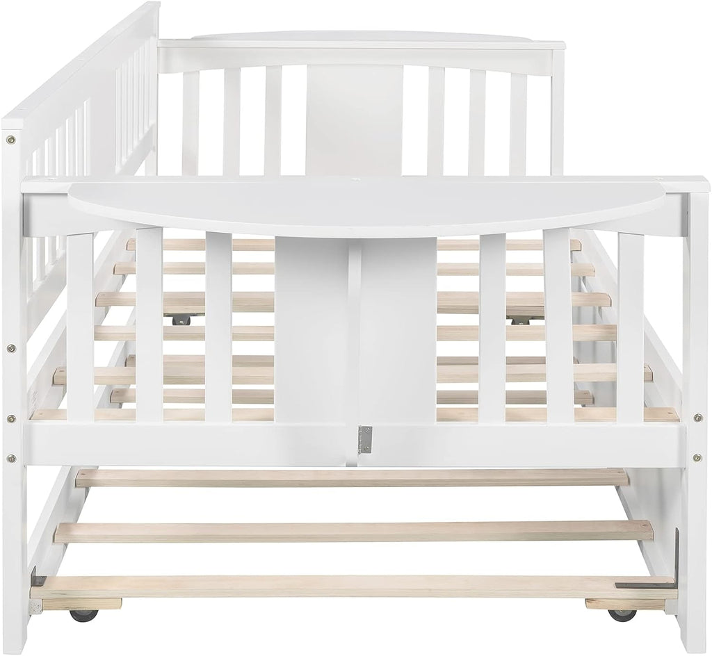 Twin Solid Wood Daybed and Trundle Frame Set with Headboard, Modern Sofa Bed with Tables/Rails for Bedroom Living Room (White+Tables)