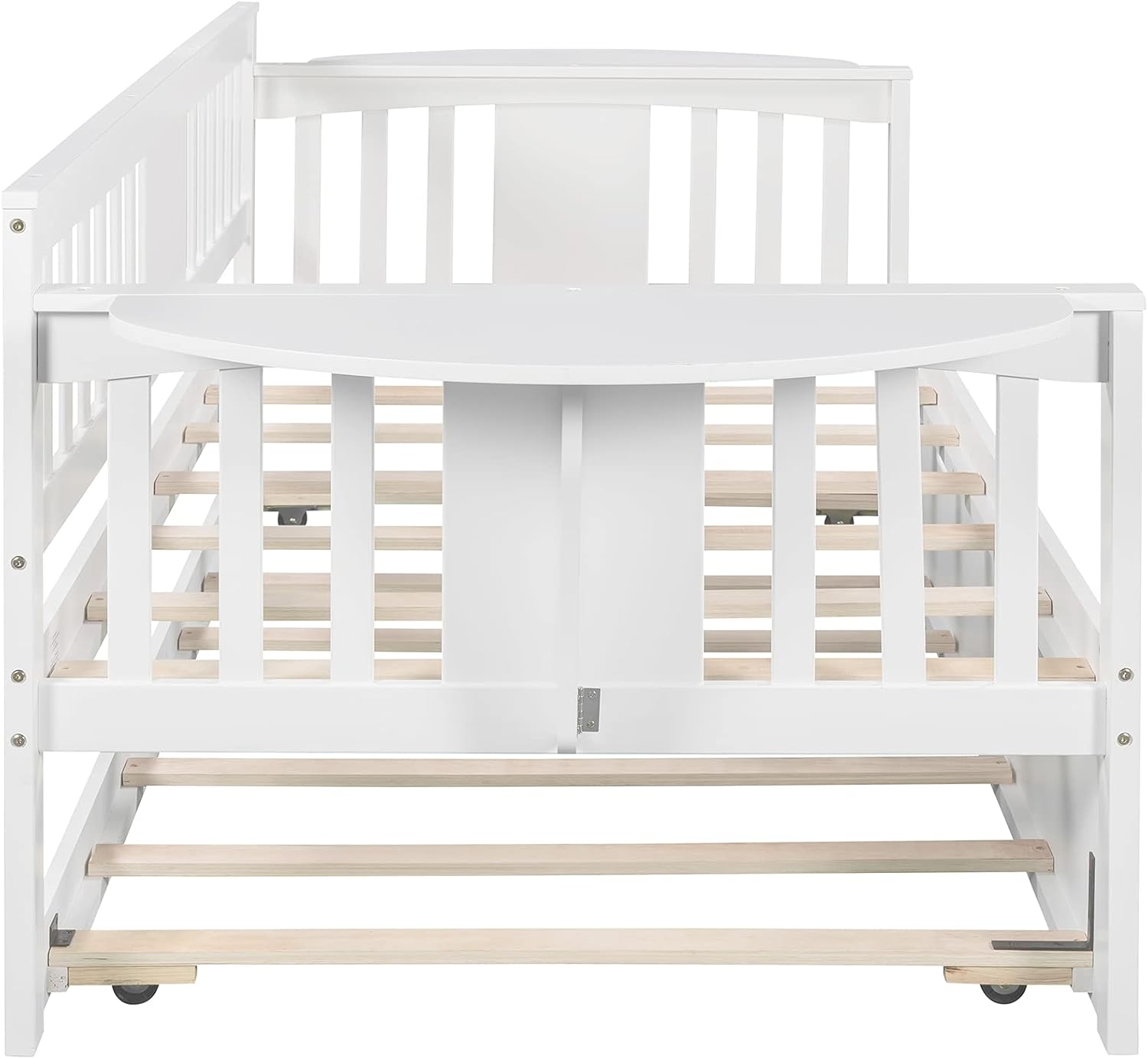 Twin Solid Wood Daybed and Trundle Frame Set with Headboard, Modern Sofa Bed with Tables/Rails for Bedroom Living Room (White+Tables)