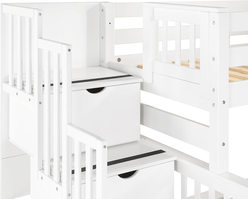 Bedz King Stairway Bunk Beds Twin Over Full, 4 Step Drawers, Twin Trundle, White