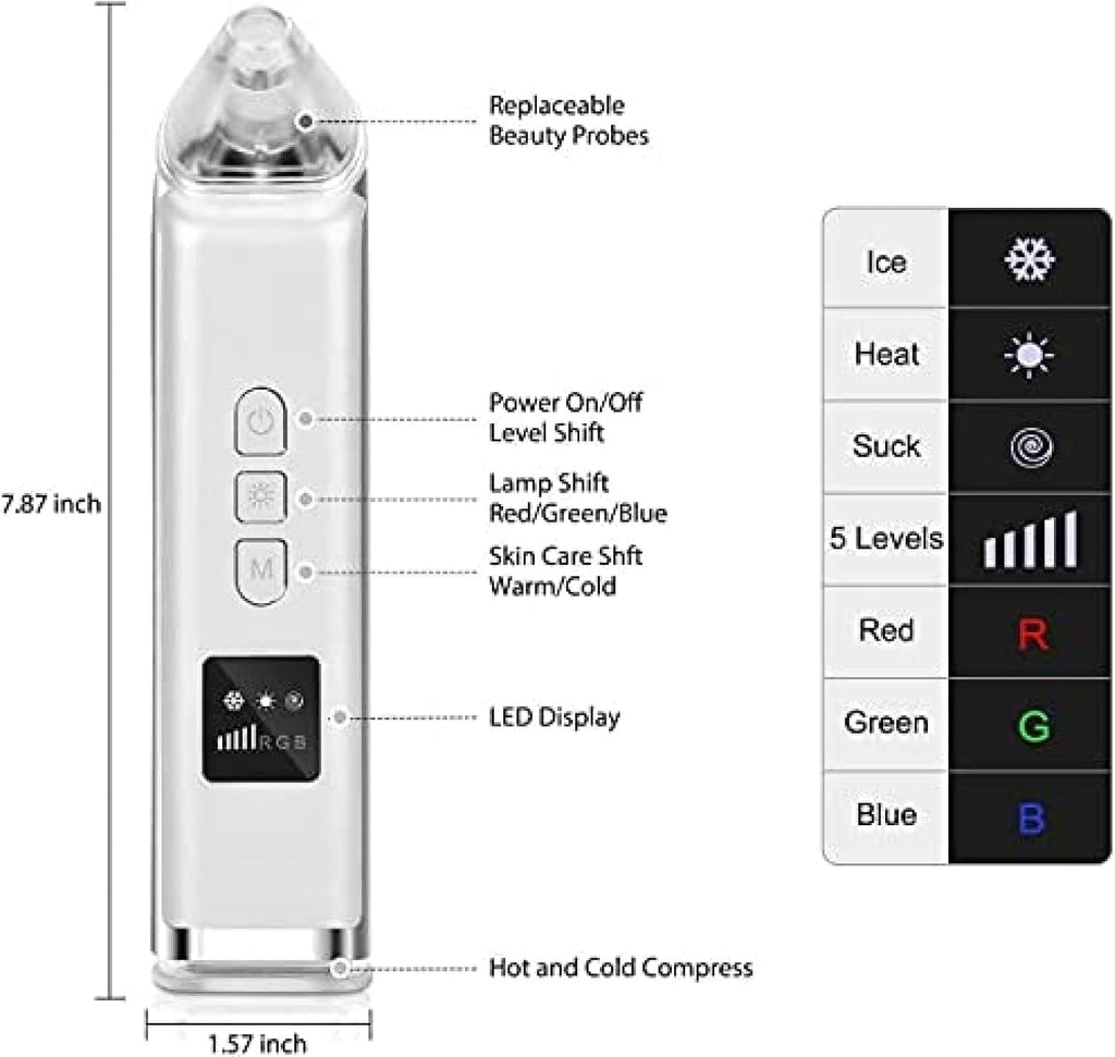 Blackhead Remover Vacuum Electric Acne Comedone Extractor, Facial Pore Deep Cleaning Tool with Hot and Cold Compress Adjustable Suction Power, 5 Replacement Probes,3POUR3