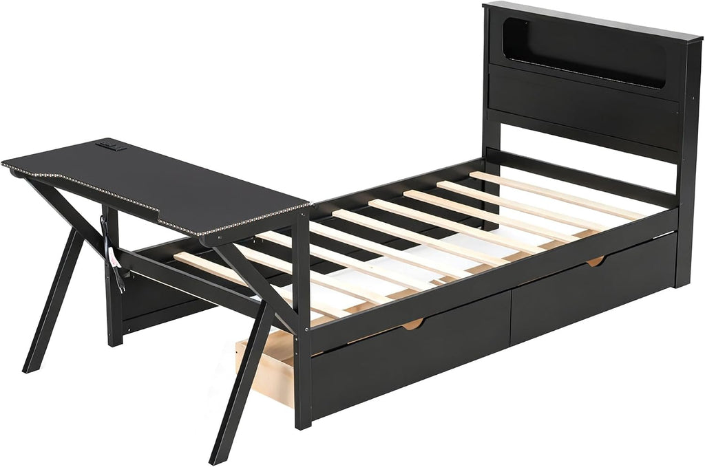 JIVOIT Twin Size Wooden Gaming Platform Bed with Desk, Two Storage Drawers, Headboard, Wood Slats Support, No Spring Box Needed