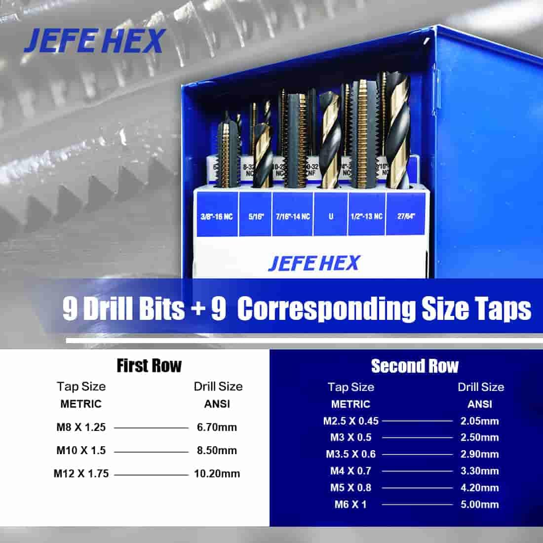 JEFE HEX 18pcs Metric Drill and Tap Set with 1 Piece T-Handle Ratchet Tap Wrench, Tap Range M2.5 * 0.45—M12*1.75, Black and Gold Premium HSS Jobber Length Drill Bits and Hand Plug Taps with Metal Box