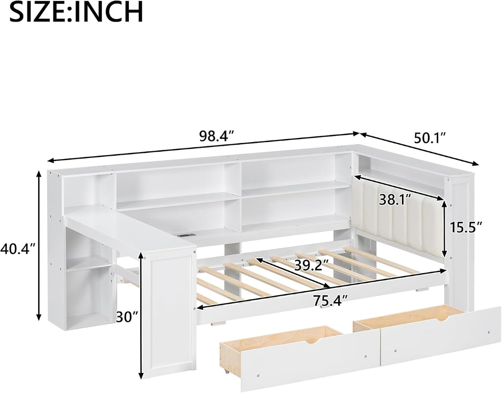 Twin Size Platform Bed with Storage Shelves and Drawers, Solid Wood Daybed with Charging Station, LED, Desk and Upholstered Headboard for Living Room Bedroom (White-JU11)