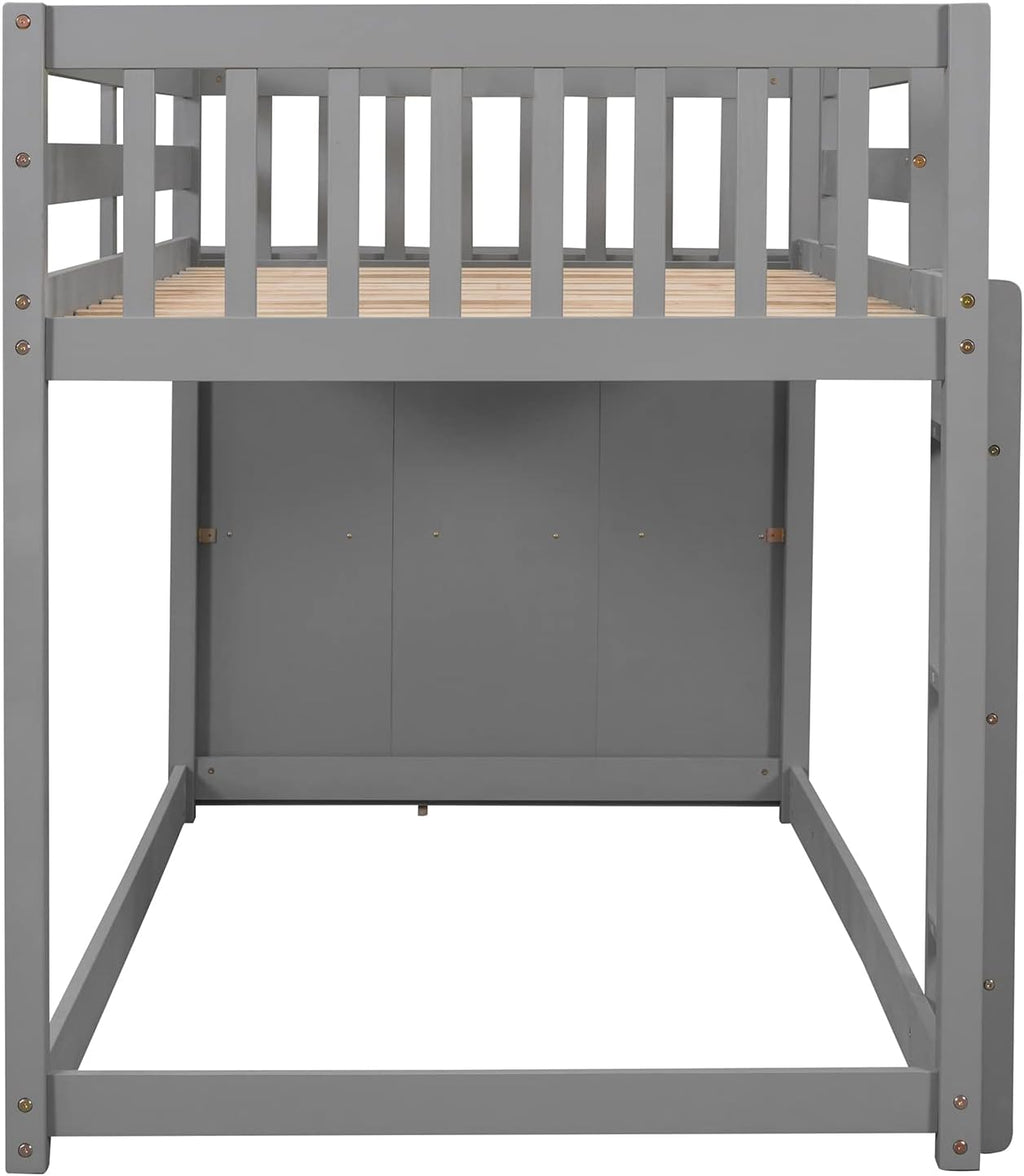 Twin-Over-Twin Size Bunk Bed, Bedroom Furniture Pine Wood Bed Frame with Storage Drawers and Open Shelves, Drawers and Shelves Set Can Be Moved, for Kids & Teens (Gray)