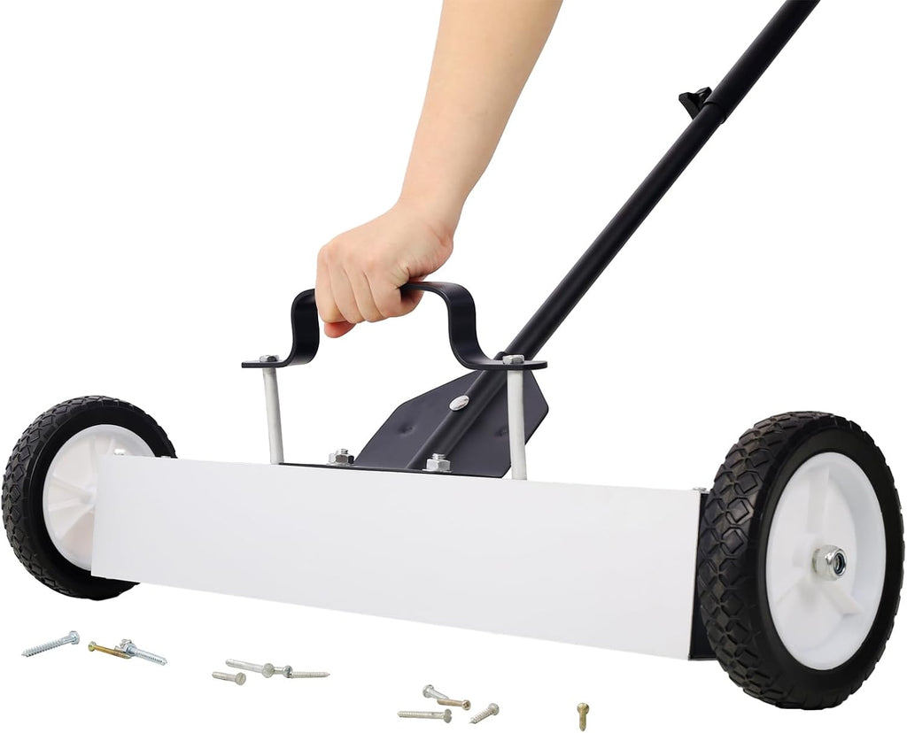 Magnetic Sweepers with Release Heavy Duty Push-Type 24'' Rolling Magnetic Pick-Up Sweeper Ergonomic Adjustable Long Arm for Nails Needles Screws Collection Metal Black and Silver