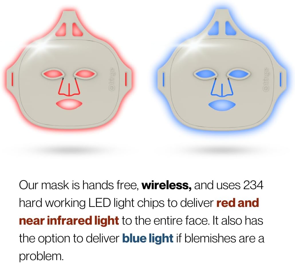 Fringe Red Face Mask, Both Red 660nm and Infrared 850nm for Rejuvenation & Blue 415nm for Blemishes, Beauty Mask, for Fine Lines and Wrinkles, 234 LED Lights