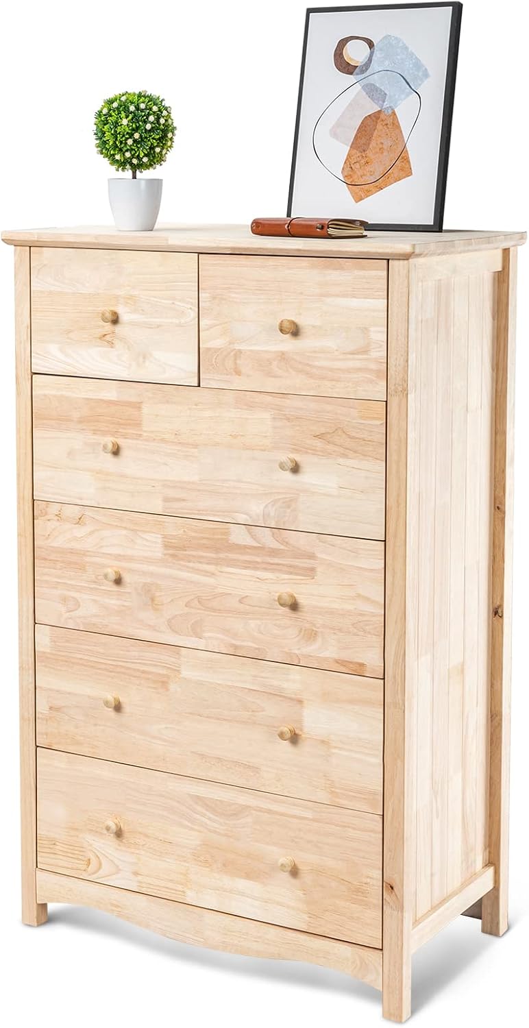 VINGLI Unfinished Natural Solid Wood 6 Drawer Dresser for Bedroom, Farmhouse Dressers & Chests of Drawers Color DIY Rubber Wood Tall Dresser with Full Extension Drawer Slides & Wood Knobs Rustic Style