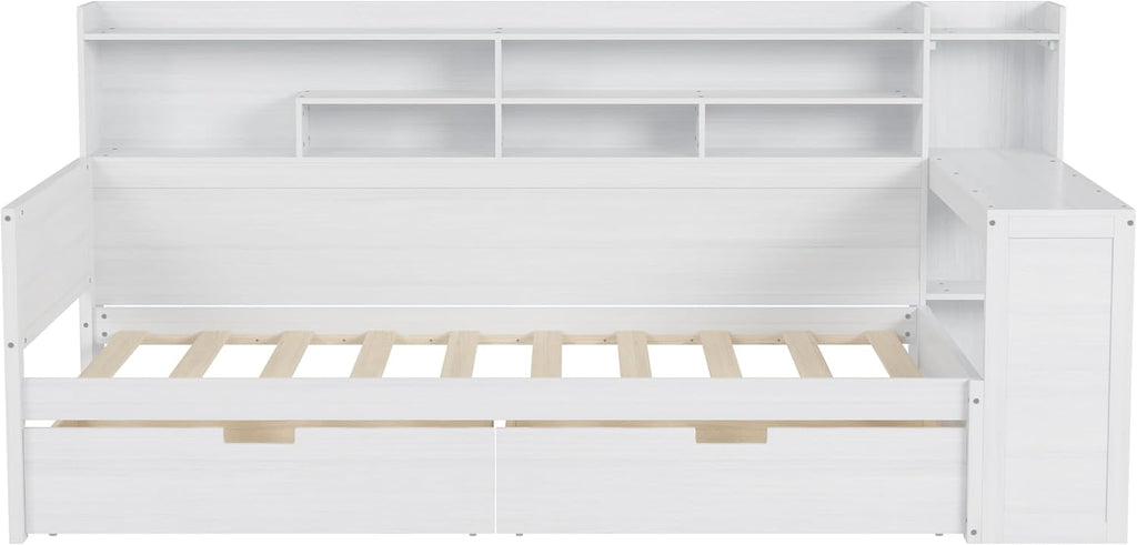 Mirightone Corner Twin Bed Frame with Bookcase Storage and Desk, Wood Day Beds with 2 Drawers, Twin Size Daybed with Storage for Living Room,Bedroom & Guest Room, White
