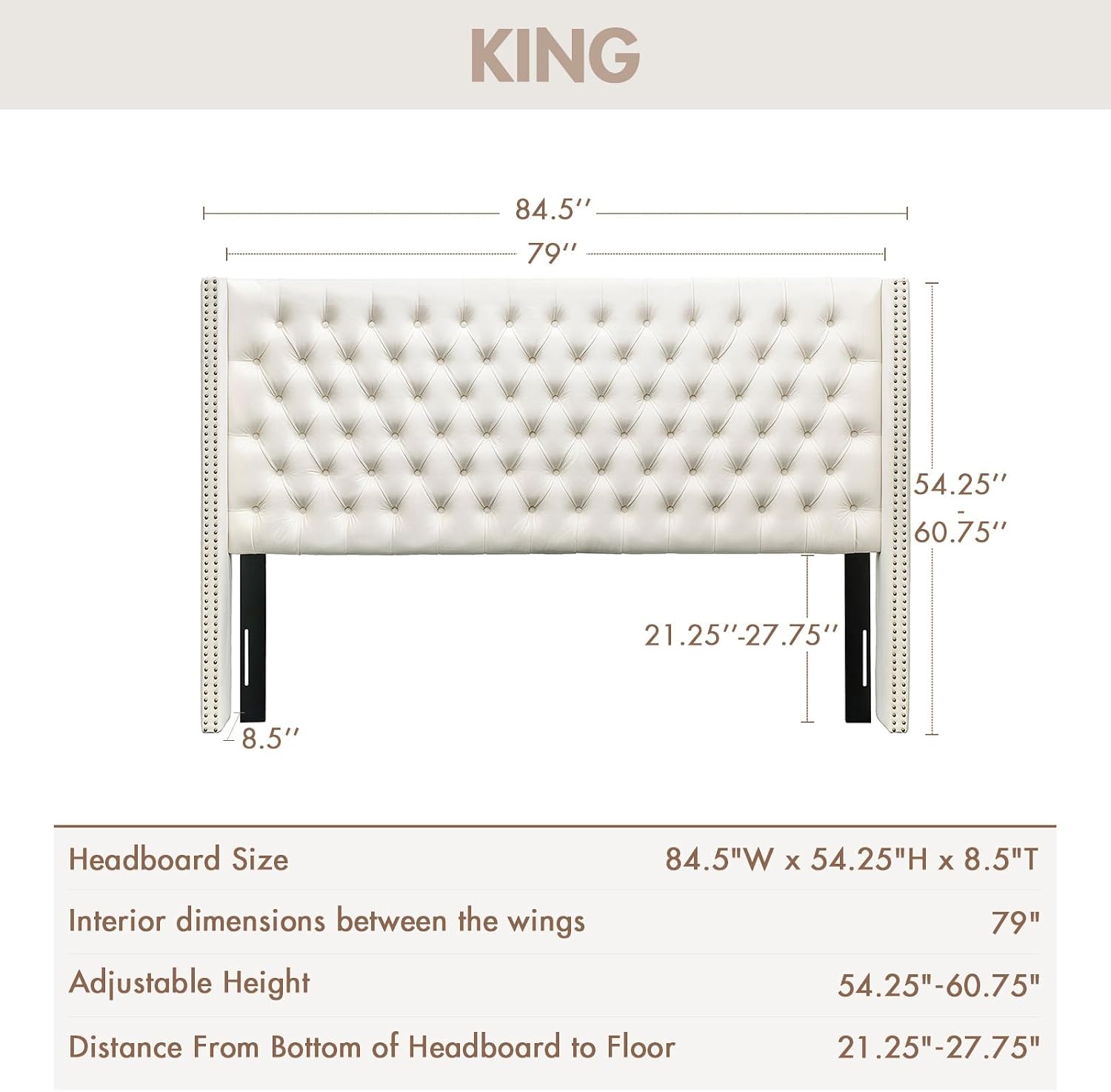 Madison Park Amelia Headboard King Wingback Upholstered - Hand-Tufted Button Detail, Double Nailhead Trim, Foam-Padded Durable Fabric, Adjustable Fit for Classic Bedrooms-Beige Velvet
