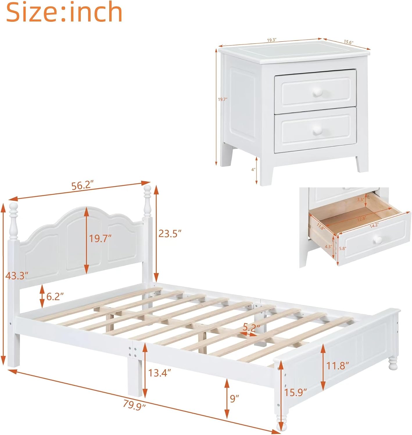 DEINPPA 3-Piece Bedroom Set, Wooden Bedroom Furniture Set Included Full Size Bed Frame and 2 Nightstands, Medieval Style-White
