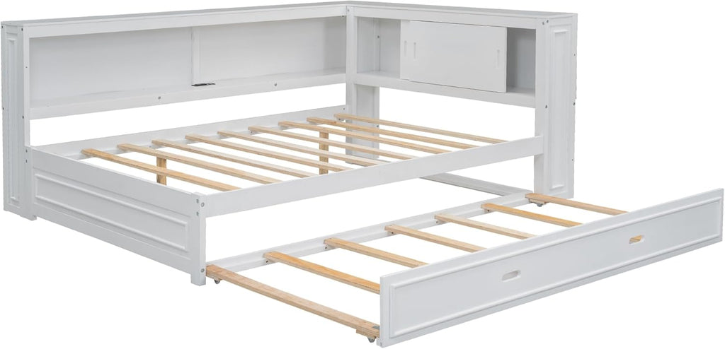 Modern Full Size Daybed with Storage Shelves and Bookcase, L Shape Corner Bed with LED Lights & USB Ports, Full Wood Daybed with Trundle for Kids Teens Adults (White-Q28)