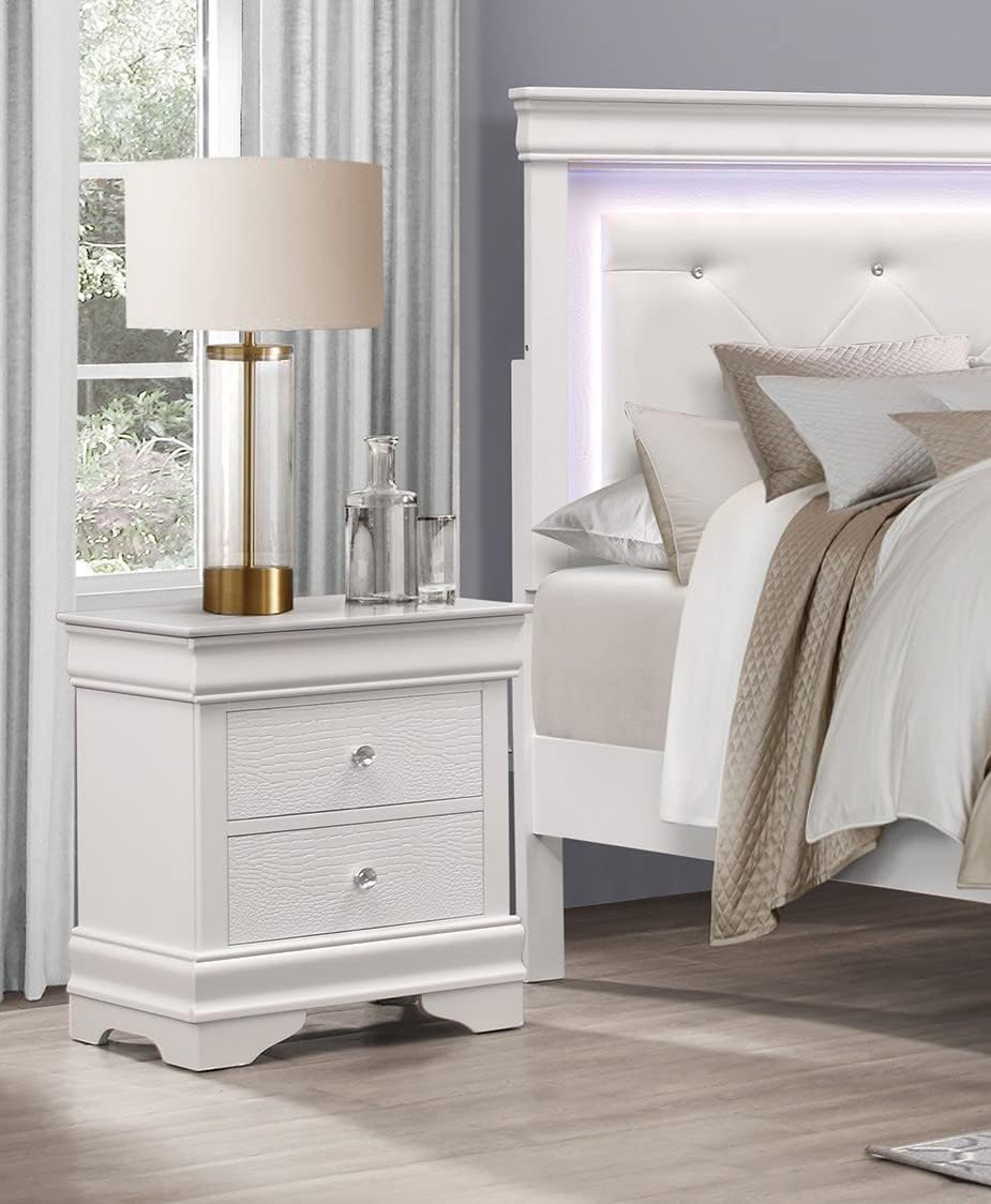 Glam 3pc Bedroom Set White Finish Full Size LED Light Bed and Two Nightstands Alligator Texture Wooden Furniture
