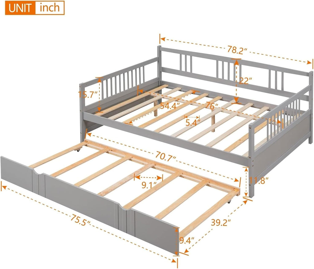 Full Trundle Bed, Bed for Men Grey Solid Wood Bohemian Sofa Bed with Metal Slats Daybed for Teen Adult Bedroom Living Room
