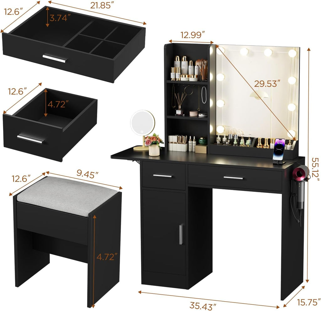 ERLEJIA Vanity Desk with Mirror and Lights, 43.3' Makeup Desk with Stool and Power Outlet, 5 Drawers and Open Shelves Make Up Table for Bedroom, Black