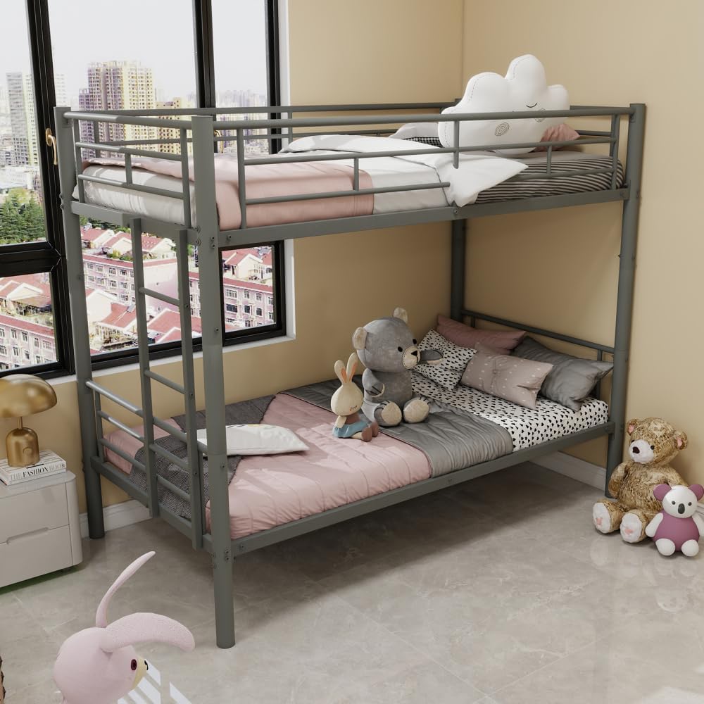 Twin Over Full Metal Bunk Bed, with Ladder & Full-Length Guardrail for Teens Adults, Noise Free (Silver + Metal + Metal)