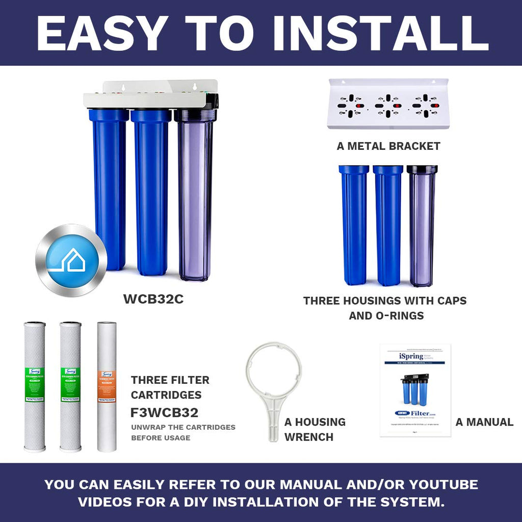 iSpring Whole House Water Filter System, Highly Reduces up to 99% Chlorine, Sediment, Taste, Odor, 3-Stage Water Filtration System w/Clear 1st-Stage Housing, Model: WCB32C, 3/4' Inlet/Outlet