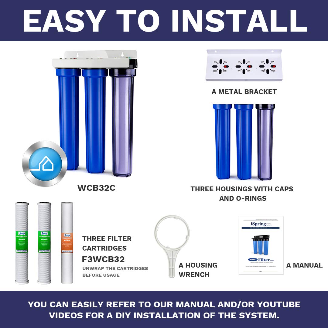 iSpring Whole House Water Filter System, Highly Reduces up to 99% Chlorine, Sediment, Taste, Odor, 3-Stage Water Filtration System w/Clear 1st-Stage Housing, Model: WCB32C, 3/4' Inlet/Outlet