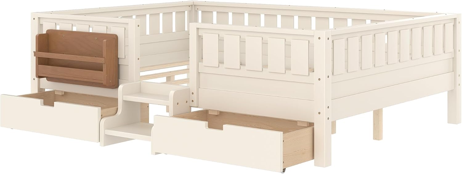 Bellemave Queen Size Kids Montessori Bed with Stairs and Bookshelf,Solid Wood Queen Size Kids Bed Frame with Drawers and Storage for Girls Boys,Low-Profile,Beige