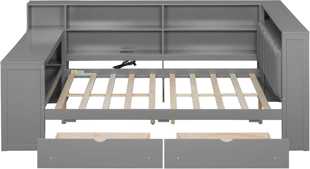 Full Size Platform Bed with Storage Shelves and Drawers, Solid Wood Daybed with Charging Station, LED, Desk and Upholstered Headboard for Living Room Bedroom (Grey-JU5)