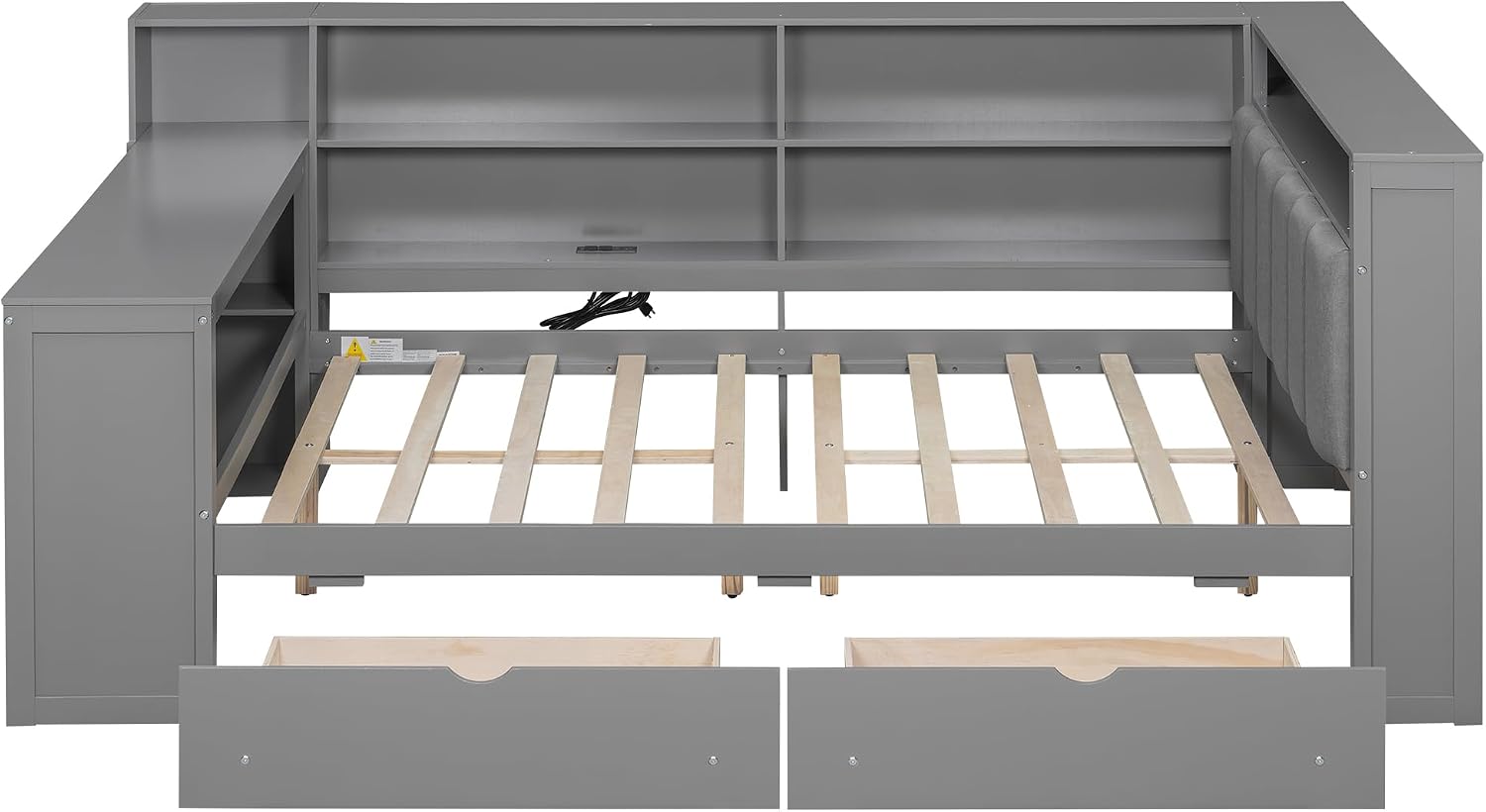 Full Size Platform Bed with Storage Shelves and Drawers, Solid Wood Daybed with Charging Station, LED, Desk and Upholstered Headboard for Living Room Bedroom (Grey-JU5)
