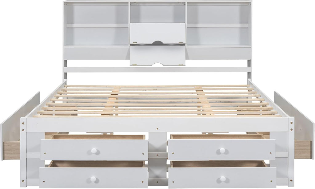 King Size Wood Platform Bed with 8 Storage Drawers and Bookcase Headboard for Bedroom (White, King)