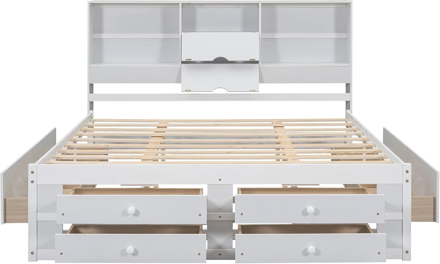 King Size Wood Platform Bed with 8 Storage Drawers and Bookcase Headboard for Bedroom (White, King)