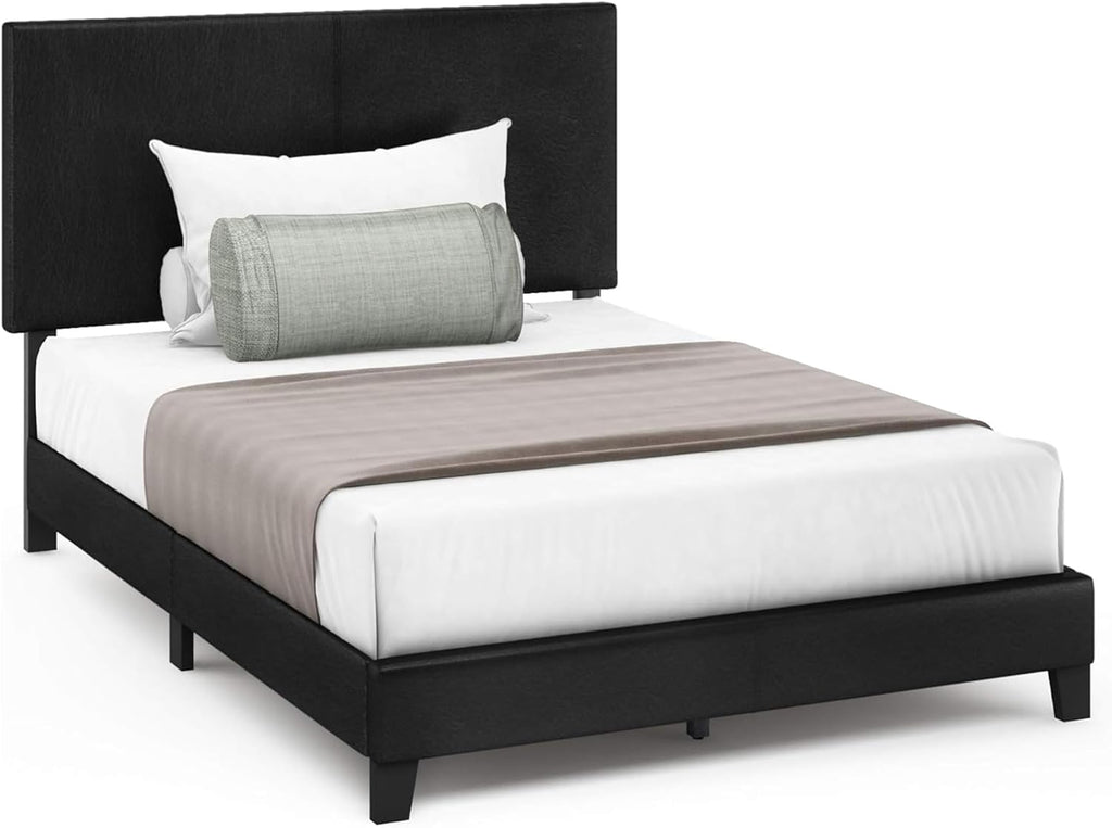 Upholstered Bed Frame Full Size, Modern Platform Bed with PU Leather Headboard & Wood Slat Support, Easy Assembly, Sturdy Bedroom Furniture (Black)