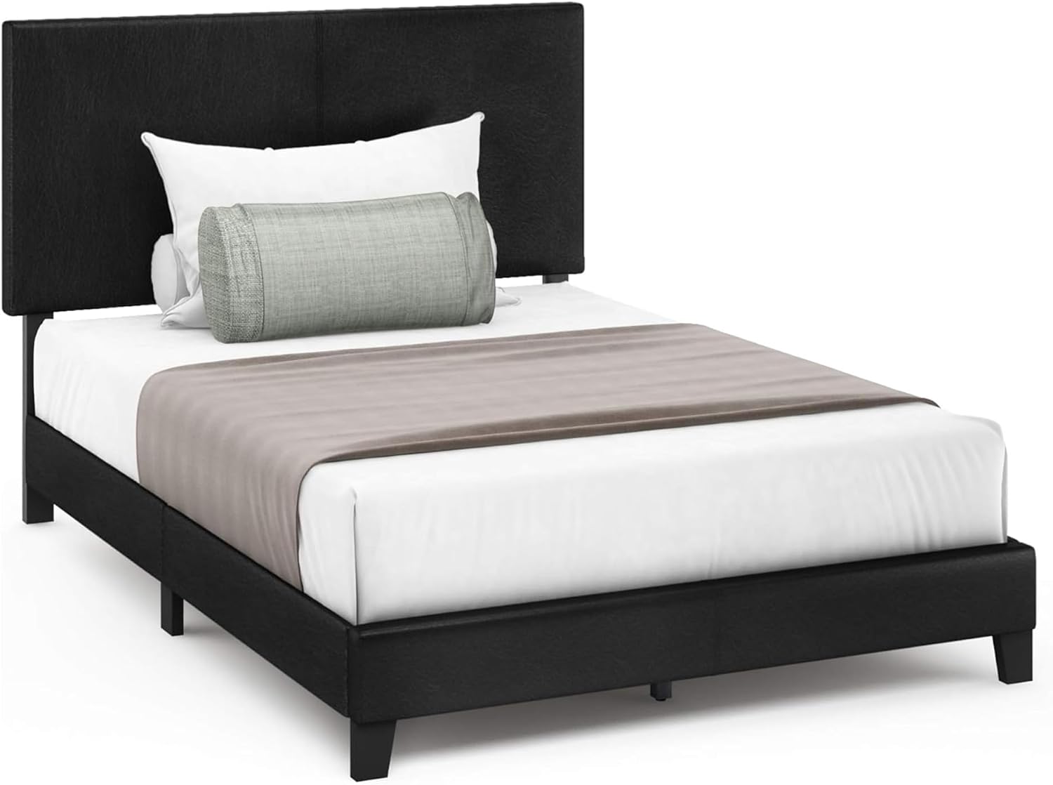 Upholstered Bed Frame Full Size, Modern Platform Bed with PU Leather Headboard & Wood Slat Support, Easy Assembly, Sturdy Bedroom Furniture (Black)