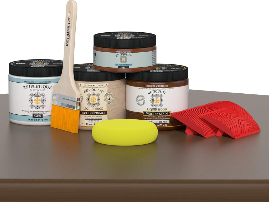 Retique It Wood Finish Countertop Kit – GO Beyond Faux Wood with Paintable Liquid Wood Based Primer and Gel Stain - Graining Tools Included (Countertop Kit, Vintage Cherry)