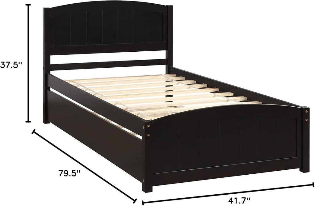 Modern Solid Wood Platform Bed with Trundle Classic Bed Frame with Headboard, No Box Spring Needed Space Saving, Twin Espresso