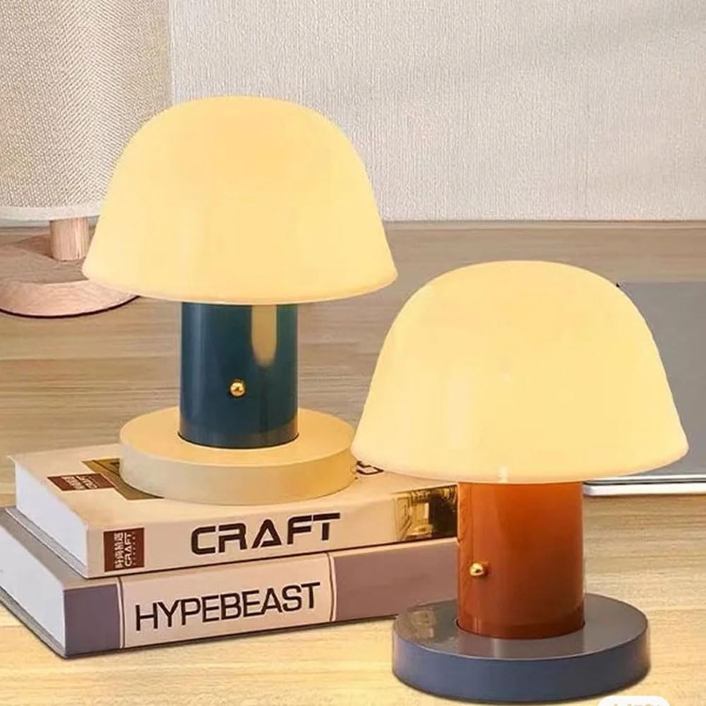 Scandinavian Vintage Bedroom Bedside StudyDesk Light Creative Warm Portable Touch Dimming Rechargeable Mushroom Shape Desk Lamp Boys Girls Room Table Lamp School Library Dormitory Lighting Fixture