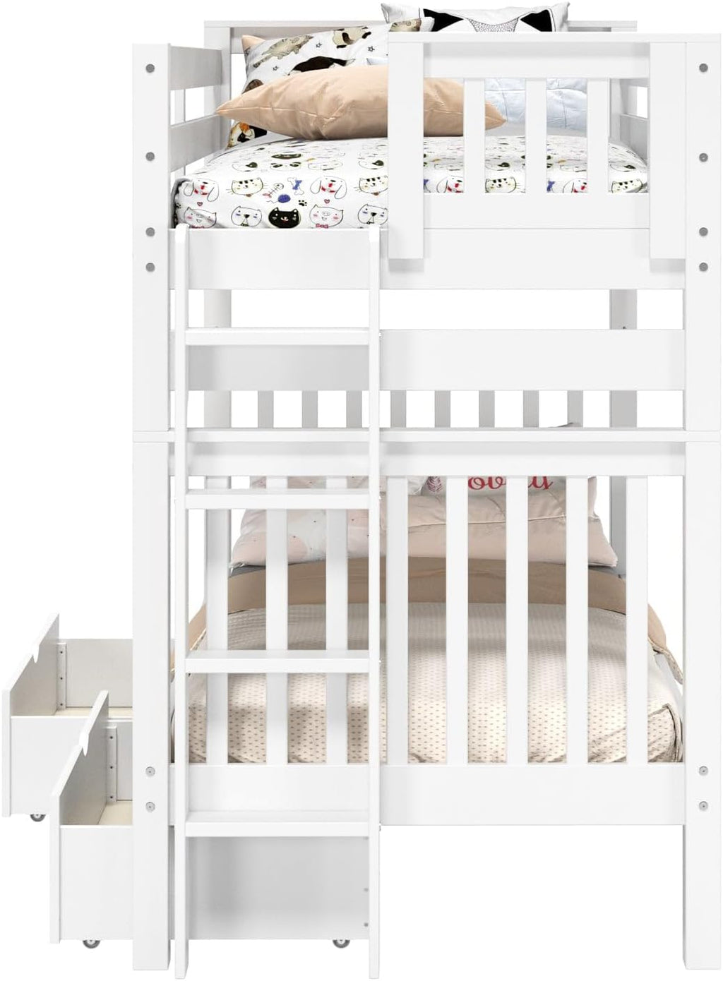 Bedz King Tall Bunk Beds Twin Over Twin Mission Style, End Ladder, 2 Storage Drawers, White