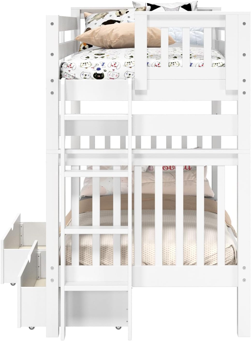 Bedz King Tall Bunk Beds Twin Over Twin Mission Style, End Ladder, 2 Storage Drawers, White