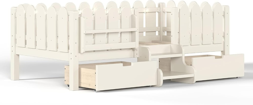 Bellemave Twin Kids Montessori Bed with Stairs, Bookshelf and LED Lights, Solid Wood Kids Bed Frame with Storage Drawers for Boys Girls, Low Profile,Beige