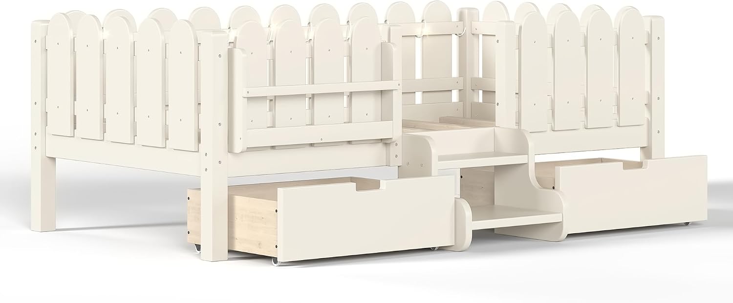 Bellemave Twin Kids Montessori Bed with Stairs, Bookshelf and LED Lights, Solid Wood Kids Bed Frame with Storage Drawers for Boys Girls, Low Profile,Beige